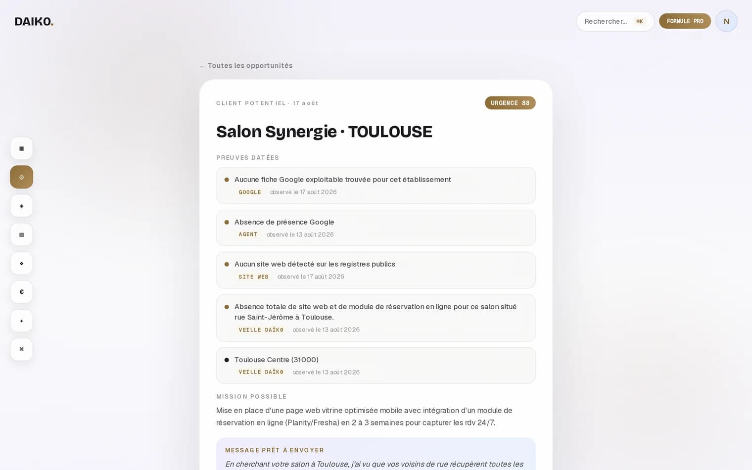 La fiche d'une opportunité : les preuves datées et la mission possible.